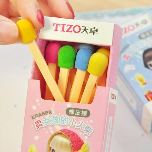 8PCS/pack Matches Eraser Rubber for Pencil Cute Stationery Novelty Erasers Student Learning Office Supplies