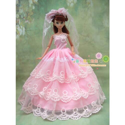 Free shipping quality full around pink brided dress with veil for barbie doll wedding dress