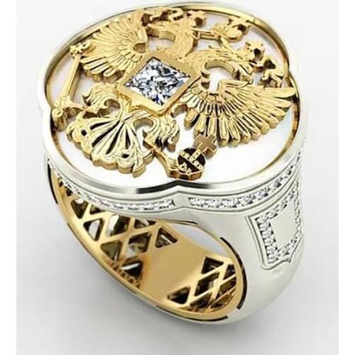 Unique Double Eagle Cross Mens Ring Gold Color Craved Geometric Pattern Male Ring for Party Jewelry Accessories Size 6-14