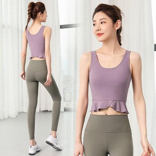 Yoga Set Women Fitness Outfits Gym Sleeveless Crop Tops Slim Ruffle Vest Seamless Pants Sports Clothes Summer 2 Pcs Chest Pad