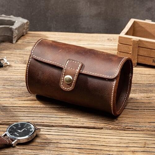 Round Shape Watch Storage Box Soft Wrinkle Genuine Leather Couple Watch Storage Case Organizer Necklace Cabinets Cases