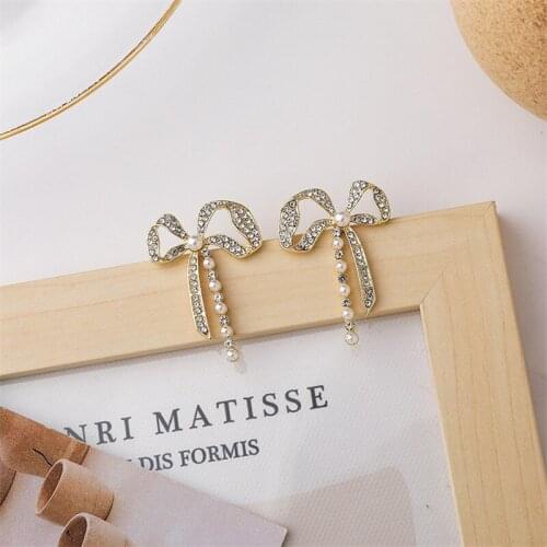 Bowknot Crystal 2020 Vintage Retro Pearl Women Earrings Gold Color Alloy Statement Fashion Jewelry