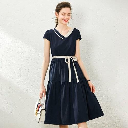 Summer Dress 2020 Womens Fashion Contrast Color V Neck Short Sleeved Slim A-Line Dress Knee Length