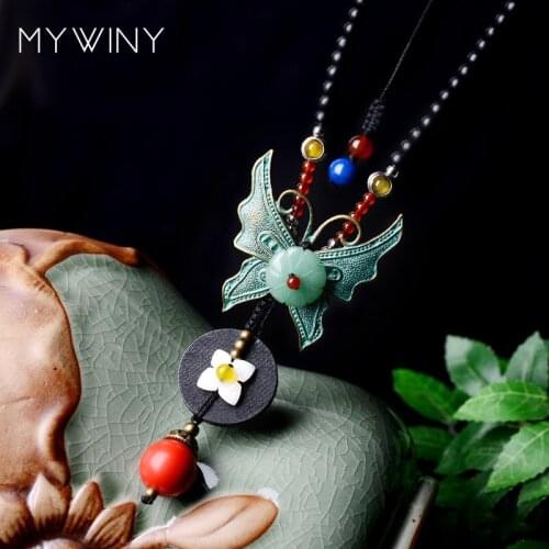New copper butterfly pendants necklace women , nature Aventurine vintage chokers necklace Ethnic wood necklace jewelry