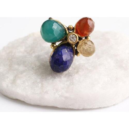 Blue Lapis Lazuli and Green Brown White Zircon Gold Plated Womens Silver Ring, 925 Silver Handmade Ring, MultiColor