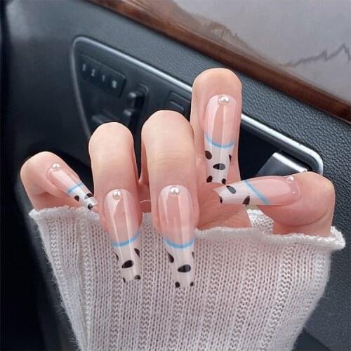 24pcs Cow Pattern Nail Patch Glue Type Removable Long Paragraph Fashion Manicure Save Time False Nail Patch Fake Nails