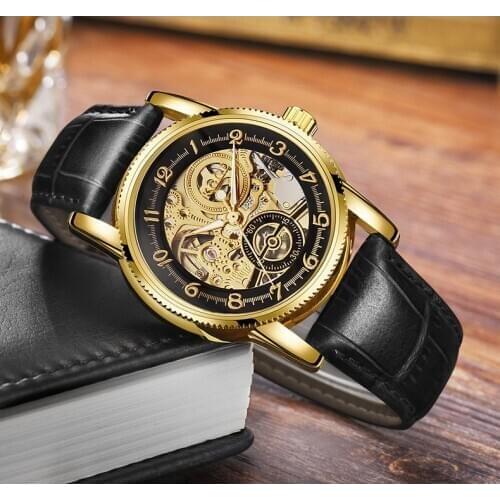 Skeleton Watch HVENSHI New Sport Mechanical Watch Luxury Mens Wristwatch Top Brand Montre Homme Genuine Leather Automatic Watch