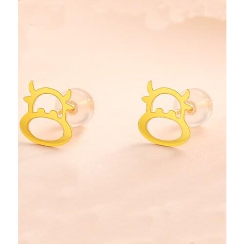Pure 18K Yellow Gold Earrings Women AU750 Gold OX Stud Earrings Fashion Earrings