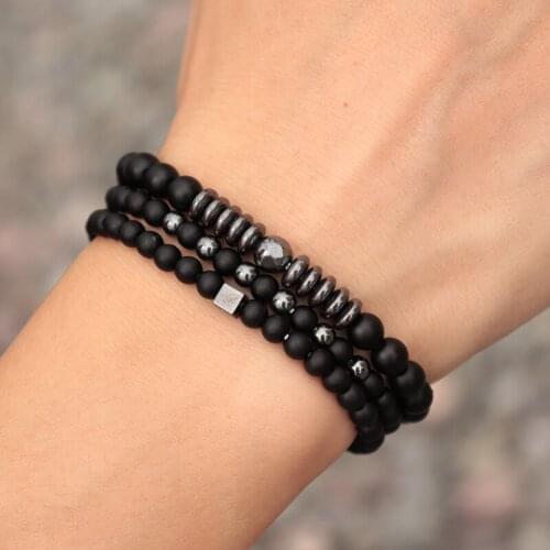 Diffone 3pcs/set Mens Bracelet Gothic Skull Braslet For Hombre Handmade Adjustable Braclet Rope Natural Onyx Beaded Brazalete