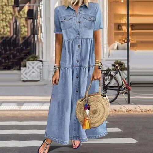 Retro Jeans Dress Women Short Sleeve Turn Down Collar Pockets Buttons Long Loose Denim Dress Casual Dresses Clothes Plus size