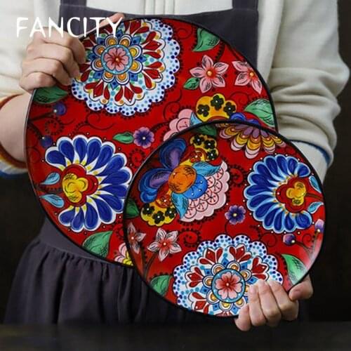 FANCITY Creative Hand Painted Fantasy Garden Series Ceramic Set Household Irregular Steak Plate Salad Bowl Underglaze