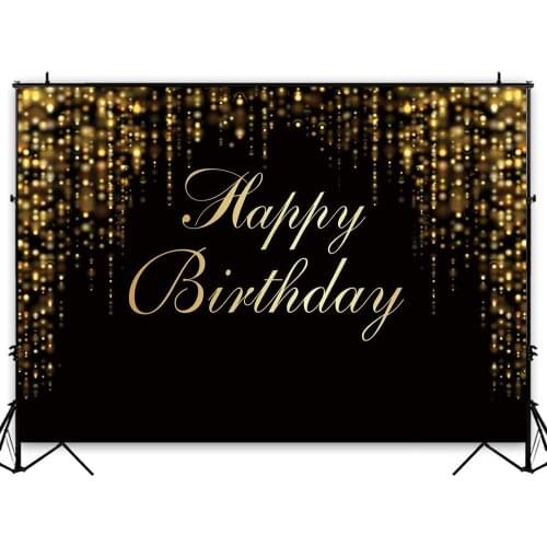 Happy Birthday Party Backdrop Black and Gold Glitter Bokeh Sequin Spots Golden Sparkle Shining Baby Banner Cake Table Decoration