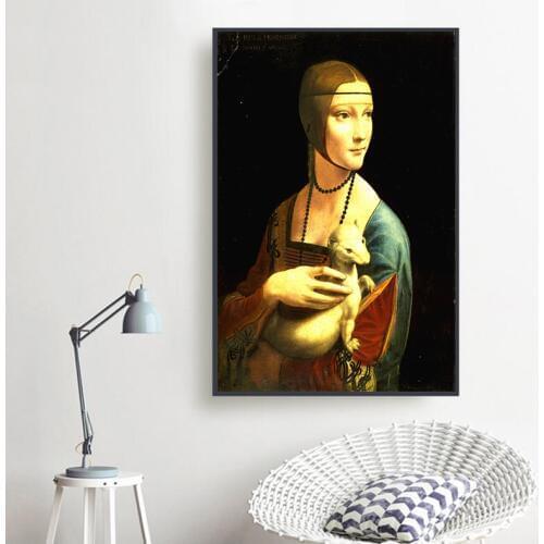 The Painting of The Lady with The Mural on The Wall, Leonardo Da Vinci, The Famous Canvas Wall Artist Residence Decoration
