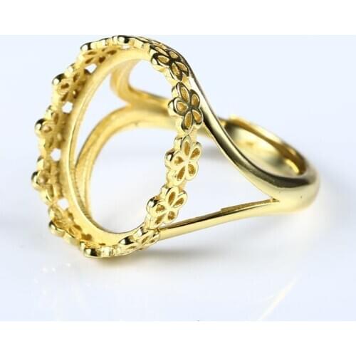 Sterling Silver 925 Women Ring Yellow Gold Color 14x17mm Oval Cabochon Semi Mount Ring Engagement Wedding Fine Jewelry