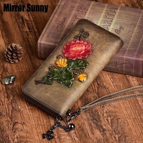 New Style Womens Wallet Female First Layer Cowhide Genuine Leather Long Retro Zipper Purse Flower Print Wristband Clutch Bag