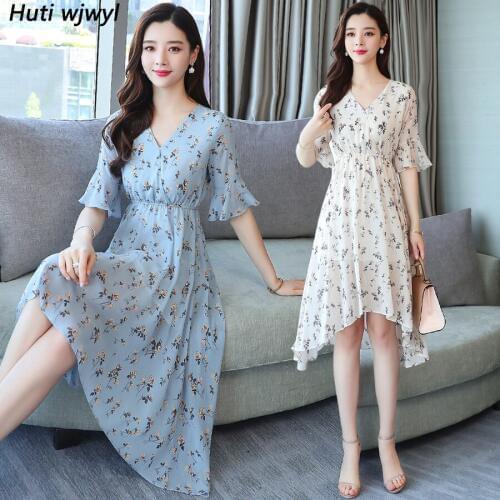 Summer New Plus Size Print Beach Sundress 2021 Vintage Elegant Blue Floral Chiffon Boho Midi Dresses Women Bodycon Party Vestido