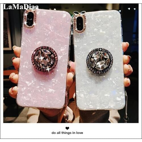 LaMaDiaa Fashion Conch Shell Soft Phone Case For iPhone11 Pro MAX 6 6S 7 8 Plus X XS Max XR Diamond Ring Stand Holder Case Cover