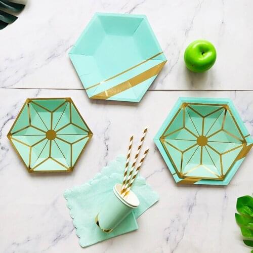 Mint Green And Gold Stamping Hexagonal Disposable Tableware Set Birthday Party Festival Celebration