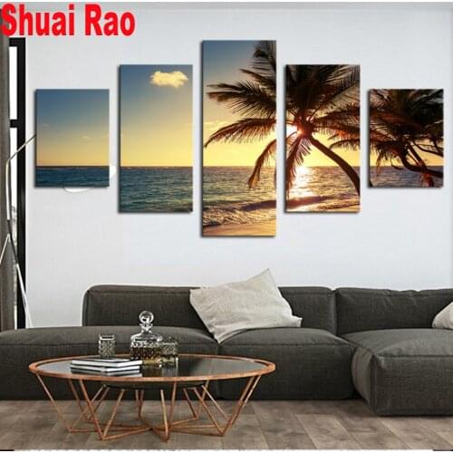 5 Pieces Diamond Painting"Sunset Beach Coconut Tree Seascape"Wall Art Pictures Diy Diamond Embroidery Full round Mosaic Set