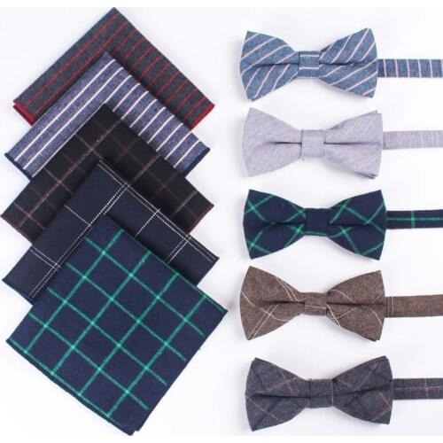 Ricnais Cotton Bowtie & handkerchief Plaid Striped Set Red Bule Floral Hanky Bow Necktie For Men Business Wedding Neckties