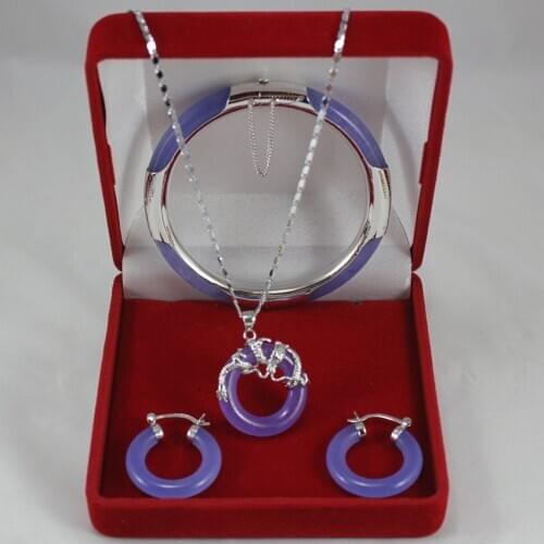 Charming 7.5" purple jade bracelet, earings, and pendant decorated with dragon jewelry sets for gift