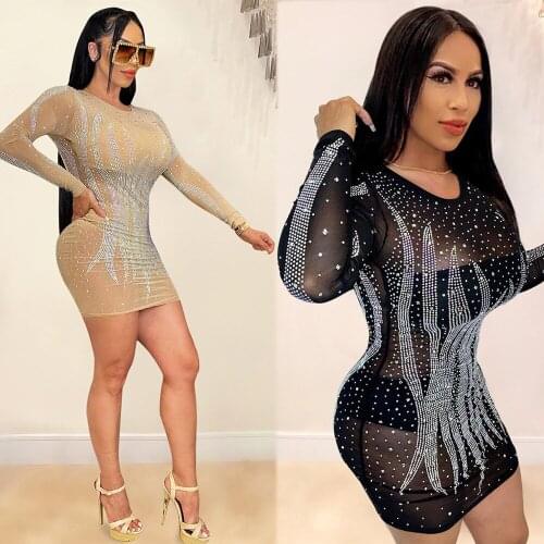 Wholesale Sexy Women See Through Sheer Long Sleeve Shiny Sequin Office Party Bodycon Dress Wedding Evening Night Club Dress