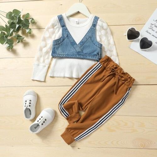 Autumn 3Pcs Infant Baby Girls Outwear Clothes Fashion Lace Mesh Long Sleeves Top + Denim Vest + Pants Toddler Fashion Wear