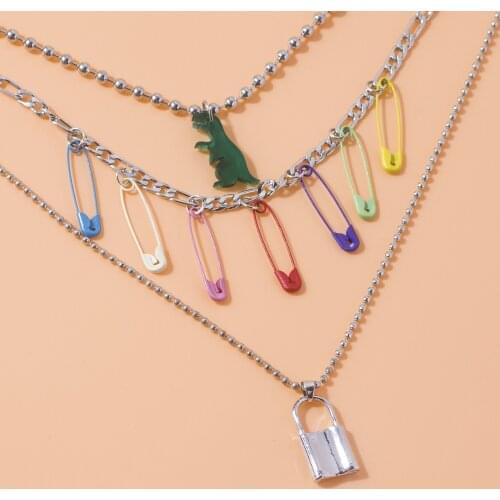 Fashion Color Pin Dinosaur Necklace Personality Cool Harajuku Style Multilayer Chain Neck Bead Lock Necklace Wholesale Jewelry