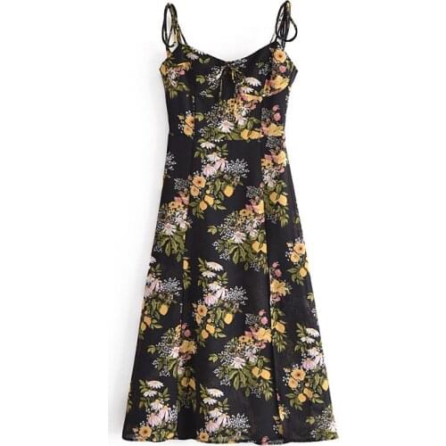 Evfer Women Vintage Lemon Floral Print Summer Black Sling Dress Chic Girls Front Lace Up Bow Slim Fashion Chiffon Dresses Femme