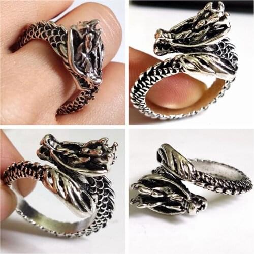 20pcs/lot Adjustable Opening Domineering Dragon Shape Punk Retro Ring Men Women Vintage Animal Metal Alloy Jewelry Cool Gift