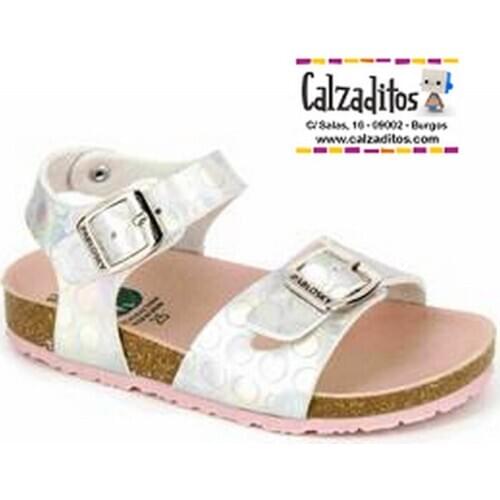 Sandals for girl in silver with floor bio and buckles, of Pablosky