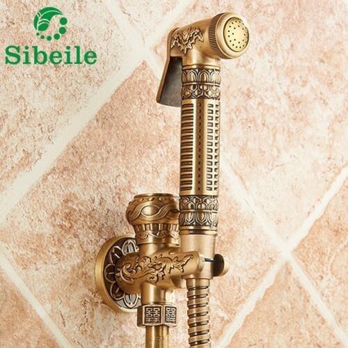 SBLE Antique Brass Bidet Faucets Wall Mounted Bathroom Shower Toilet Washing Machine Handheld Bidet Set Shattaf