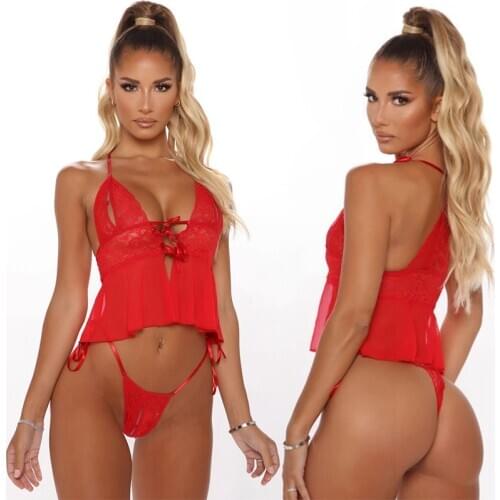 Porn Sexy Lingerie Sets Women Hot Erotic Babydoll Dress Lace Deep V Transparent Bra Set Halter Sexy Underwear Mesh Pajamas Skirt