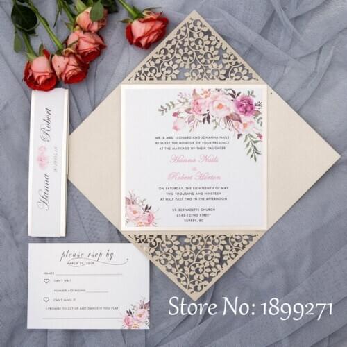 Blush Light Pink Elegant Laser Cut Wedding Invitation Cards Greeting Card Customized Business With RSVP Cards Decor Party Supply