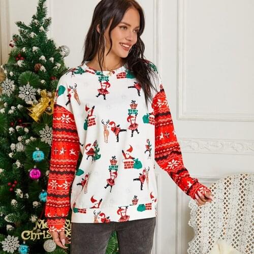 Loose T Shirt Women Christmas Printed Top Autumn Casual Long Sleeve Crew Neck Moose Gift Chimney Printed Shirt Basic Clothing