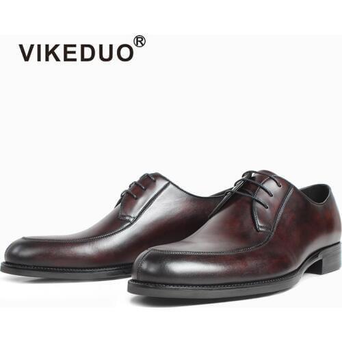 VIKEDUO Brown Spot Dyeing Derby Dress Shoes For Men Wedding Office Formal Leather Shoes Male Patina Handmade Leather Footwear