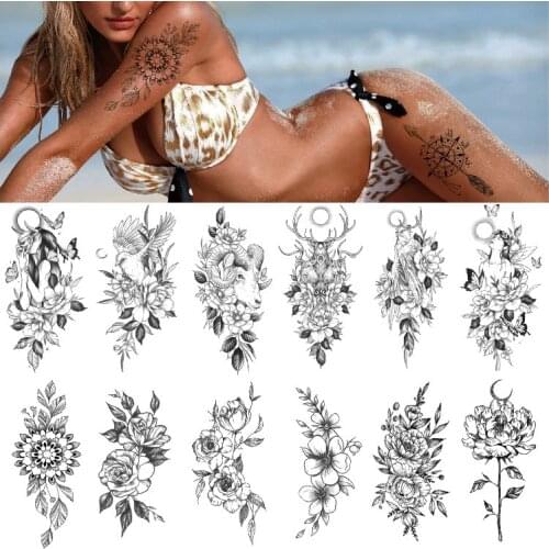Waterproof Temporary Tattoo Black Sketchs Flowers Animal Tattoo Stickers Flash Fake Body Tattoos for Women tatuajes temporales
