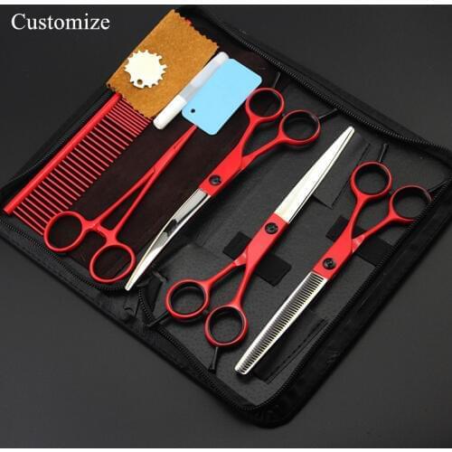 Customize 5 kit Japan 7 inch red Pet dog grooming hair scissors set dog thinning shears pet cutting barber hairdressing scissors