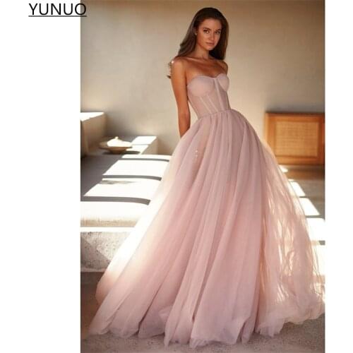 YUNUO Simple Pale Pink Tulle Long Prom Dresses A Line Sweetheart Maxi Skirt Evening Party Gowns Corset robe de soirée de mariage