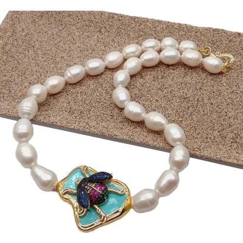 YYGEM natural Cultured White Rice Freshwater Pearl Blue Turquoise Insect Cz Pave choker Necklace 19'' ethnic style for women