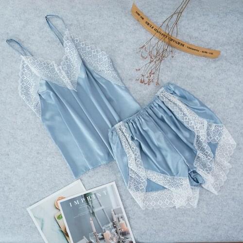 Womens Sleepwear Sexy Satin Pajama Set White Lace V-Neck Pyjamas Sleeveless Cute Cami Top and Shorts Rayon Nightgown