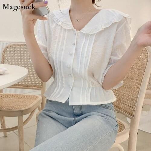 Korean Pleated White Shirt Tops Women Office Lady Button Up Shirts For Women Peter Pan Collar Sweet Solid Casual Blouse 10103