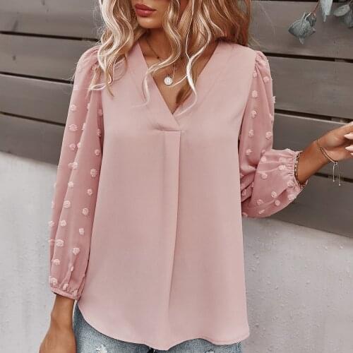 Women Blouse Bubble Sleeves Blouses Solid Color Slim V-collar Long-sleeved Blouse Spring Casual Loose Chiffon Shirts