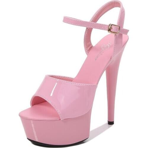 Women Sandals Office Ladie Dress Shoe Patent Leather Buckle Strap 15CM Thin High Heels Open Toed waterproof platform women shoes