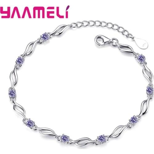 New Purple White Zircon Engagement Jewelry for Women Female 925 Sterling Silver Link Chain Bracelets Bangles Graceful Design