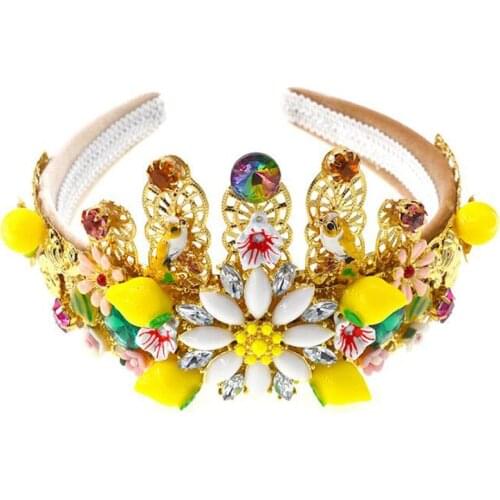 2020 New Hot fashion runway cute yellow lemon flower green leaves headbands for women luxury vintage hair accessories jewelry