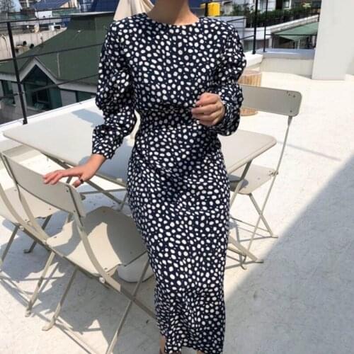 2020 Autumn Women O-neck Long-sleeved Puff Sleeve Mid-calf Dress Elegant Ladies Korean Dots Printing Vintage Split Dress Female