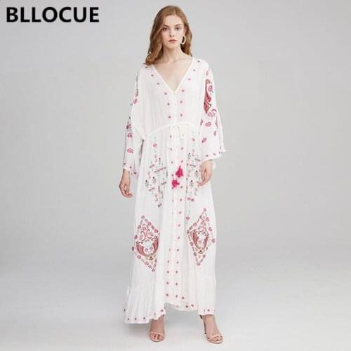 BLLOCUE Bohemian Floral Embroidery Hollow Tassel Lace-up Dresses Summer Women Vintage V-neck High-end Long Dresses
