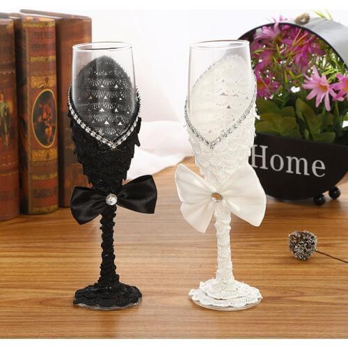 2pcs Set Wedding Glass Creative Black White Dress Crystal Wedding Champagne Glasses Goblet Red Wine Glass Cup Wedding Decoration