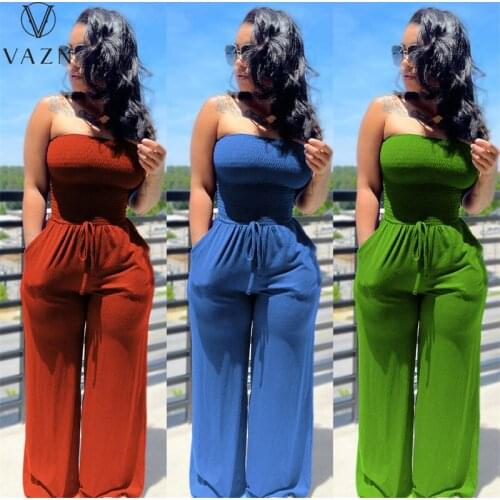 VAZN 2021 Autumn Style Strapless Sleeveless Chiffon Daily Elegant Joker Solid Sexy Young Free Lady Slim Wide Leg Jumpsuits